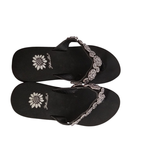 YELLOW BOX BLK. AND SILVER SANDALS SIZE 7 LEATHER UPPER WITH BLING VGC - Picture 11 of 11
